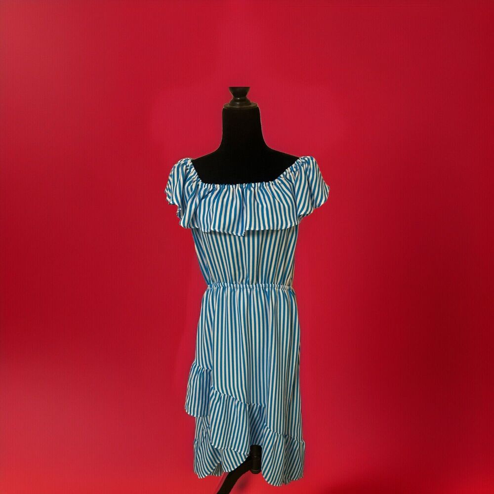 Tommy Bahama Palm Party Off-The-Shoulder Flounce Midi Dress Blue Stripe Sz M